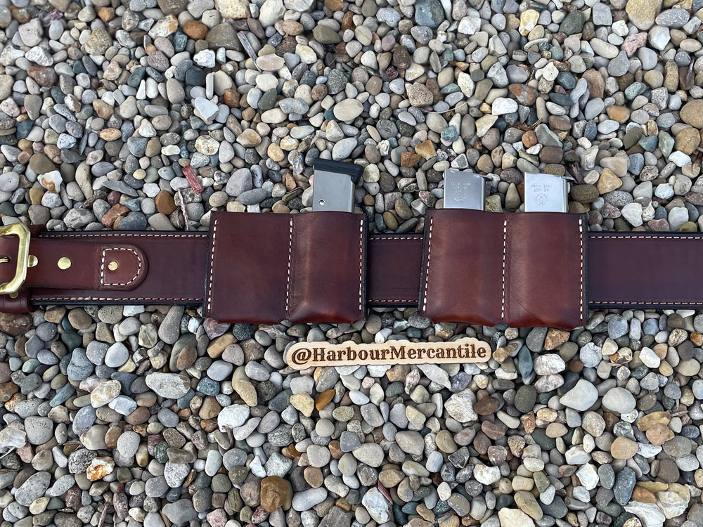 
                  
                    Wild Bunch Handmade Herman Oak leather USA MADE Wild bunch belt and holster 1911 belt and holster with two double mag holders
                  
                