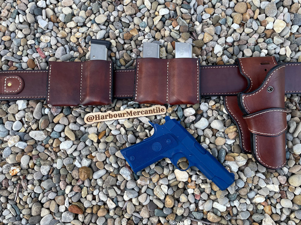 Wild Bunch Handmade Herman Oak leather USA MADE Wild bunch belt and holster 1911 belt and holster with two double mag holders