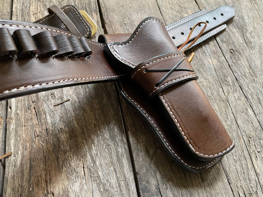 Handmade leather unlined cowboy Belt and Holster single action cartridge belt made in USA