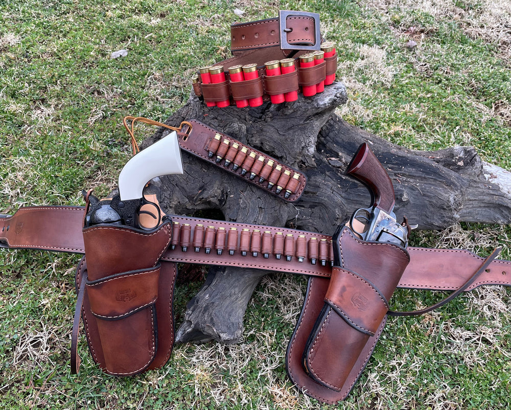 
                  
                    Complete Set Up! Unlined Handmade Herman Oak leather Cowboy Belt, Shotgun Belt, and Loading strip made in USA
                  
                