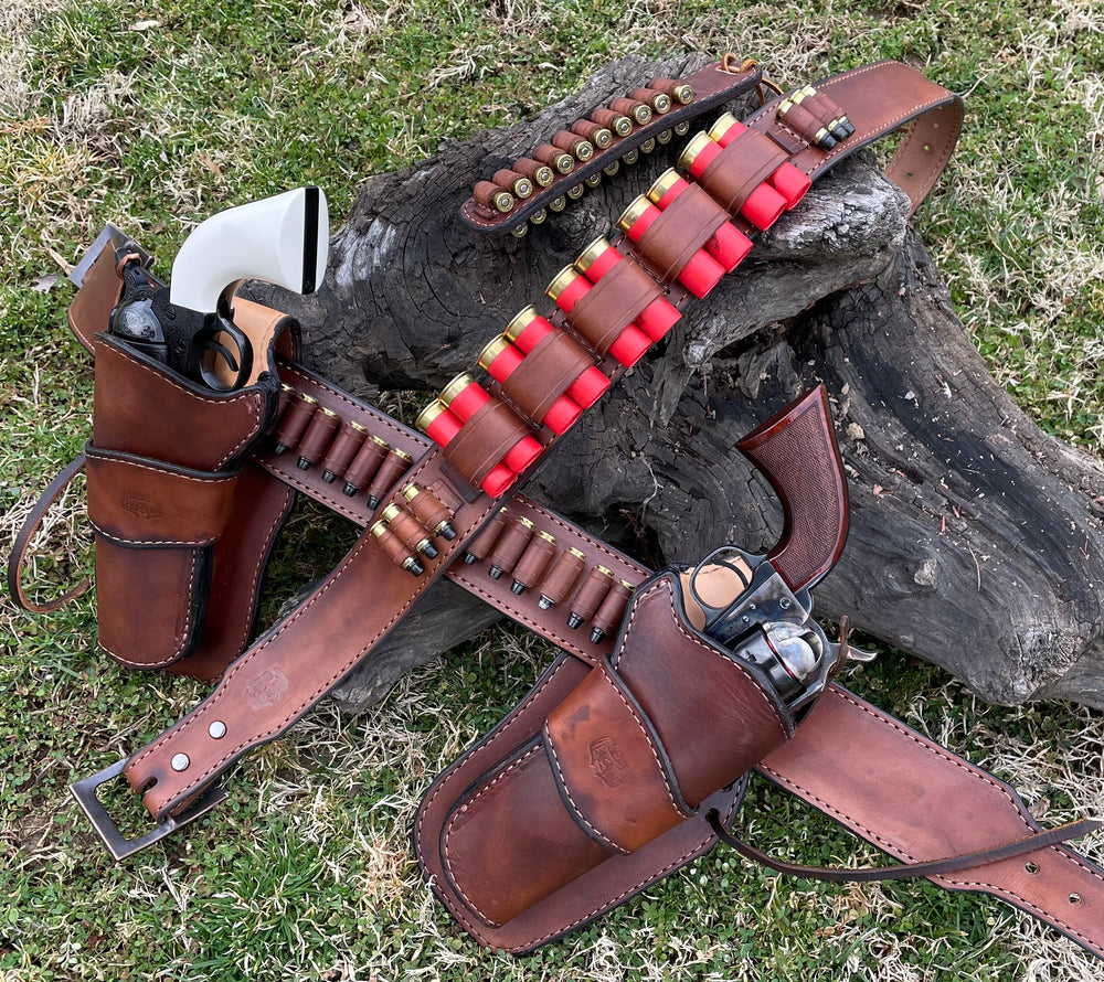 
                  
                    Complete Set Up! Unlined Handmade Herman Oak leather Cowboy Belt, Shotgun Belt, and Loading strip made in USA
                  
                