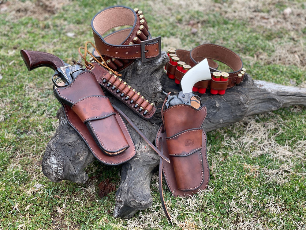 
                  
                    Complete Set Up! LINED Handmade leather two holster Cowboy Belt, Shotgun Belt, and Loading strip
                  
                