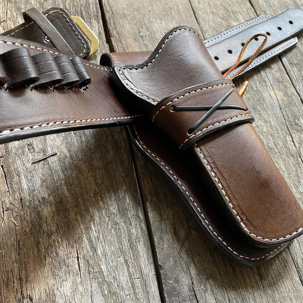 
                  
                    Handmade leather unlined cowboy Belt and Holster single action cartridge belt made in USA
                  
                