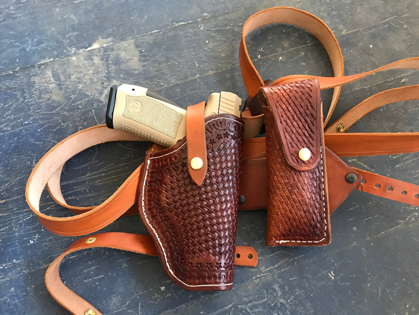 
                  
                    Handmade Herman Oak leather auto Shoulder Holster with mag holder lined and tooled
                  
                