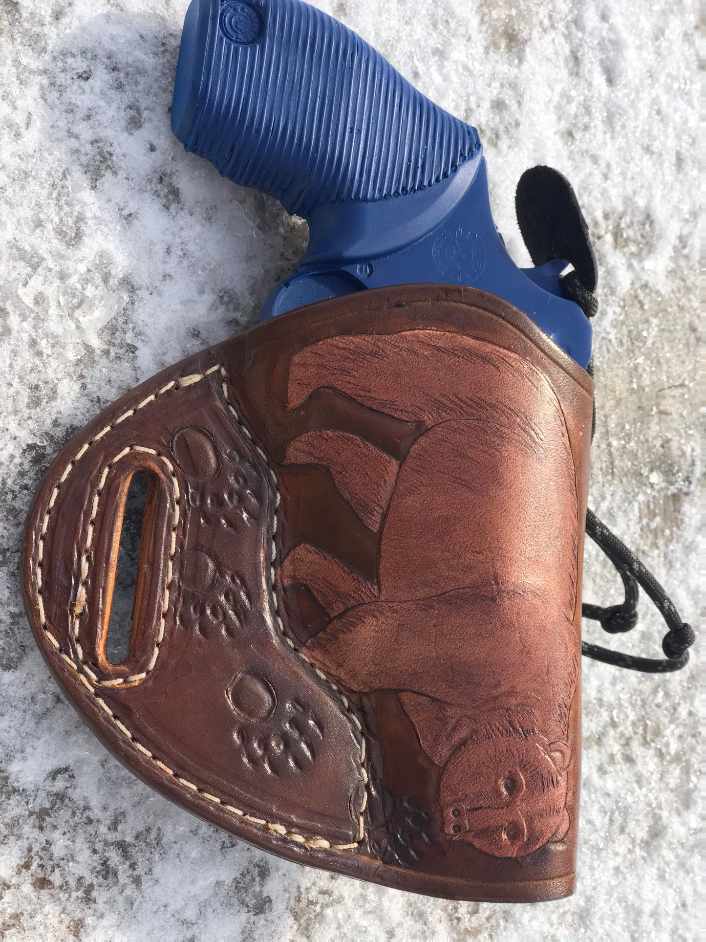 
                  
                    Handmade Revolver, Taurus Judge, Grizzly Bear Carved Avenger Style Herman Oak leather Holster
                  
                