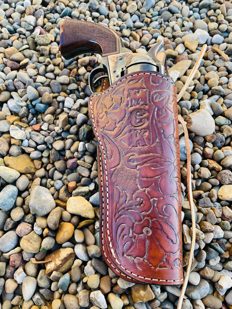 
                  
                    USA MADE El Flora Muerte-sass cass holster Lined and Tooled Herman Oak leather Cowboy Action holster
                  
                